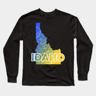 Colorful mandala art map of Idaho with text in blue and yellow Long Sleeve T-Shirt